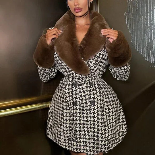 Jessica Plaid Woolen Coat with Fur Collar