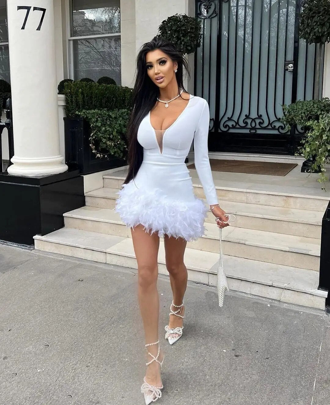 white feather bodycon dress Claudia