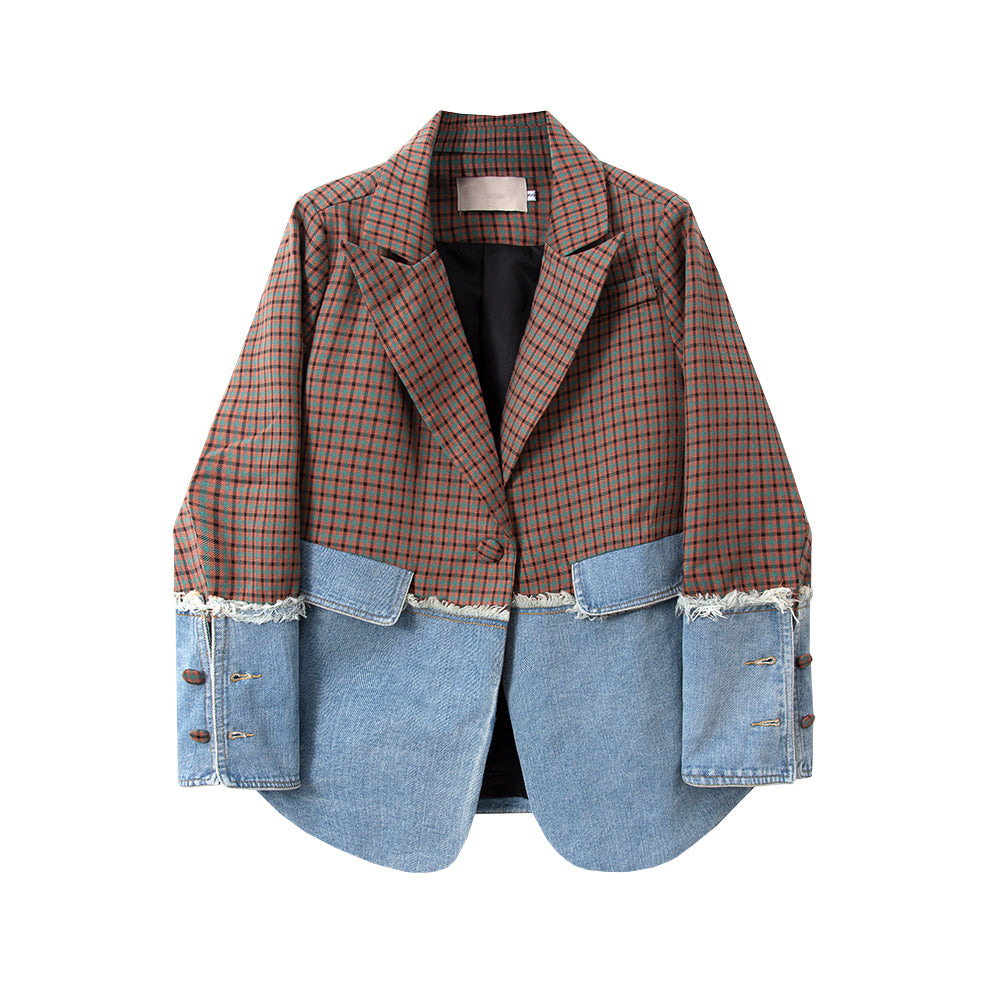 Wintour Plaid Denim Patchwork Blazer