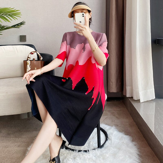 Darla Geometric print Designer Dress with Pearl Detailing