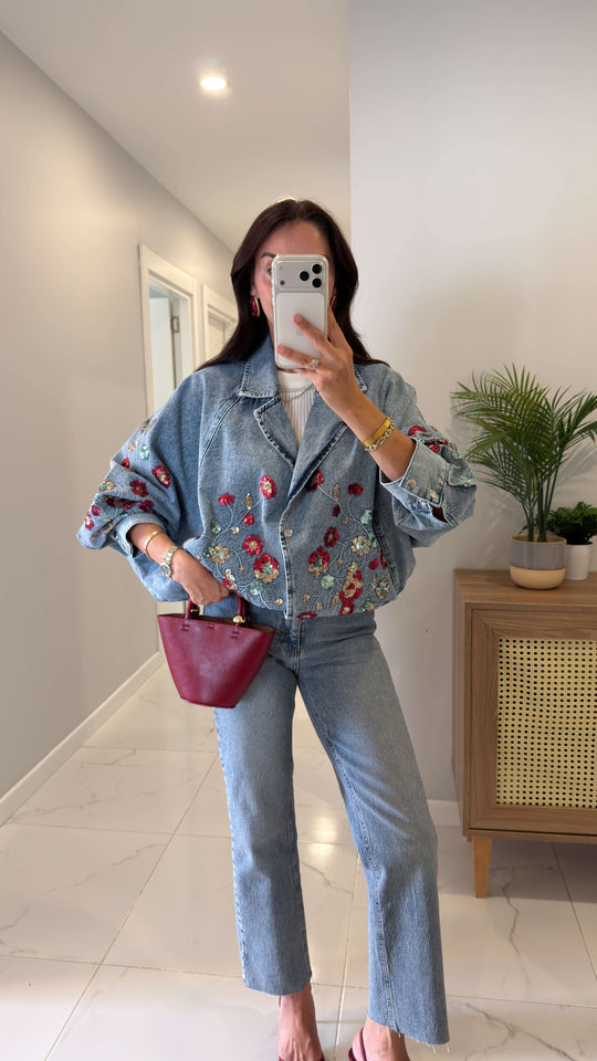 Josephine Cropped Vintage Embroidered Denim Jacket