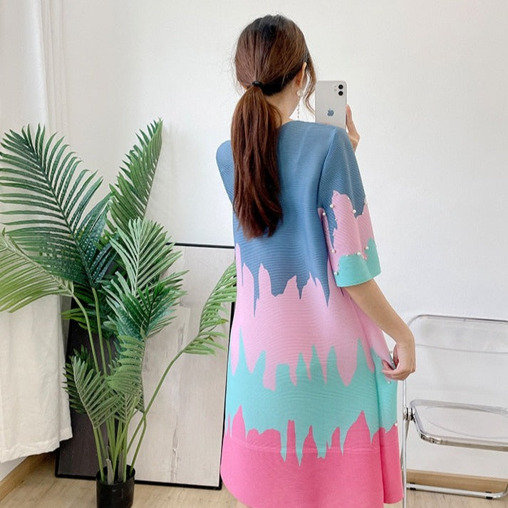 Darla Geometric print Designer Dress with Pearl Detailing