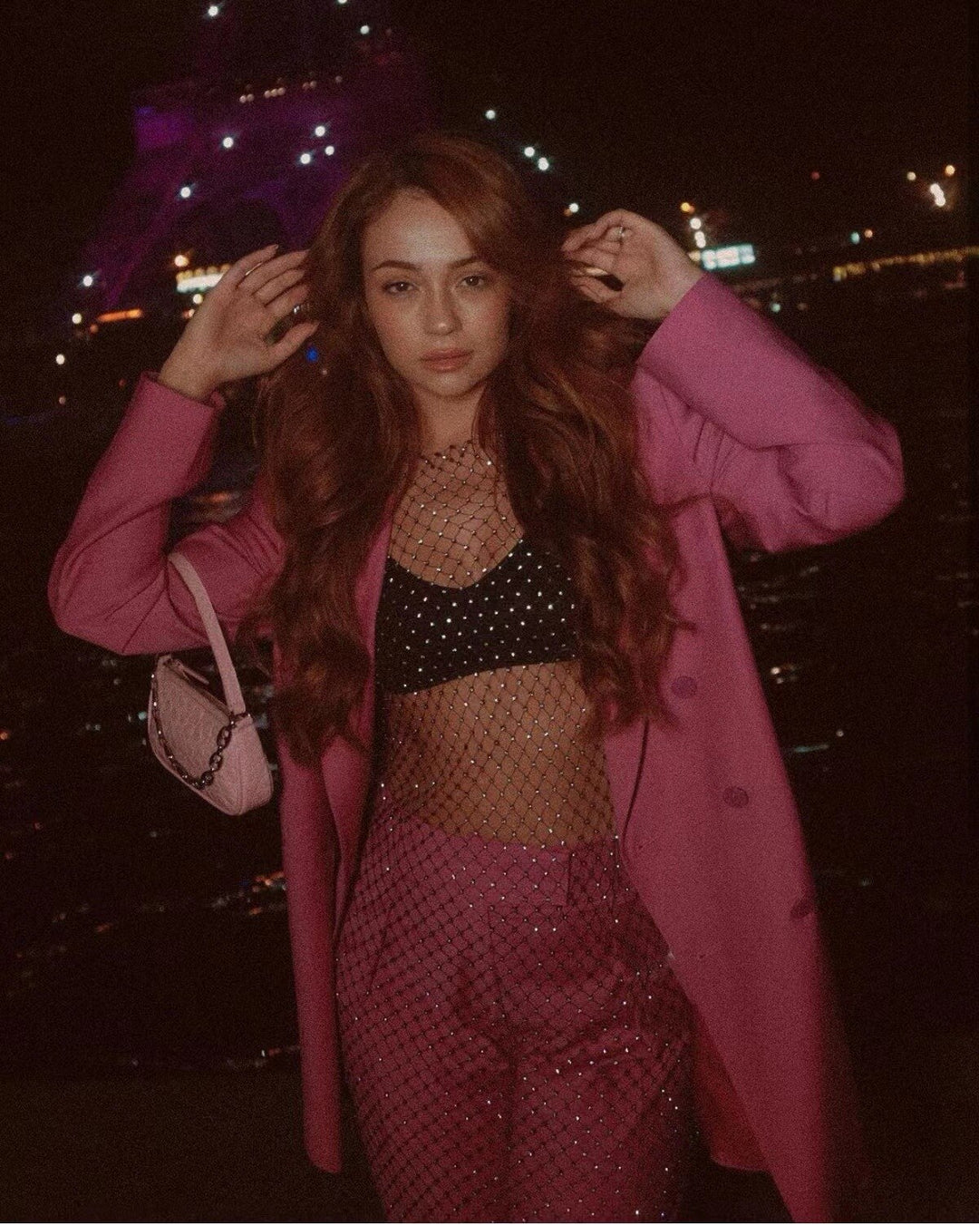 Rhinestone Fishnet Crew Neck Dress