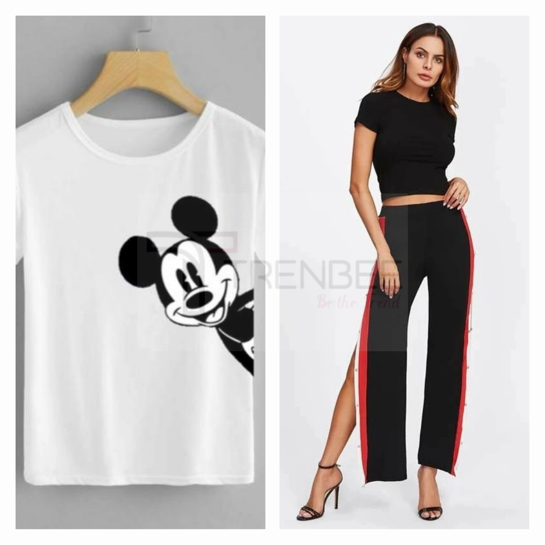Set of Side button tapped pants and Cotton Printed Tees