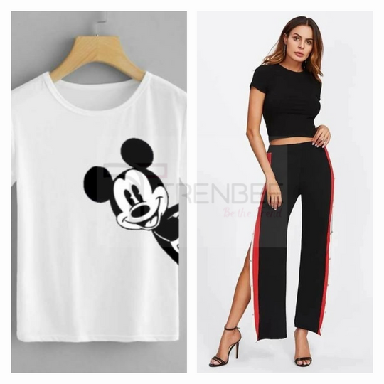 Set of Side button tapped pants and Cotton Printed Tees