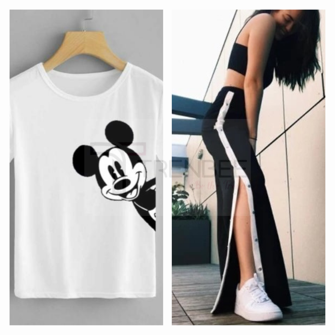 Set of Side button tapped pants and Cotton Printed Tees