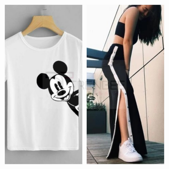 Set of Side button tapped pants and Cotton Printed Tees