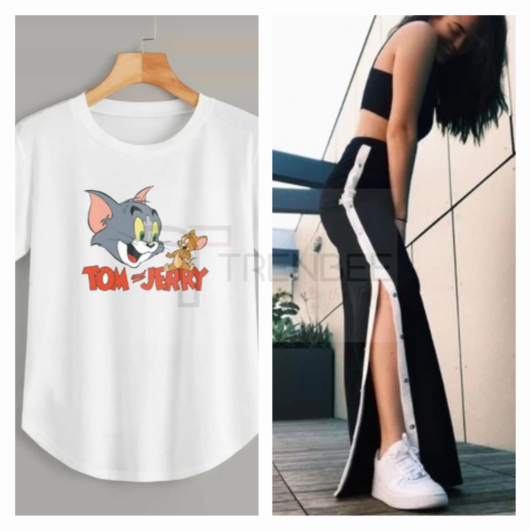 Set of Side button tapped pants and Cotton Printed Tees