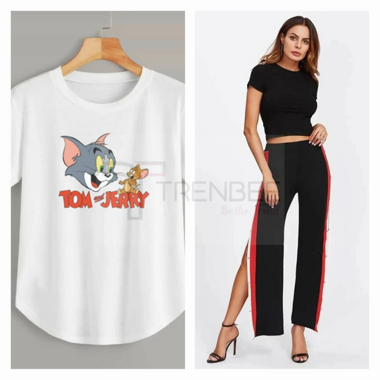 Set of Side button tapped pants and Cotton Printed Tees