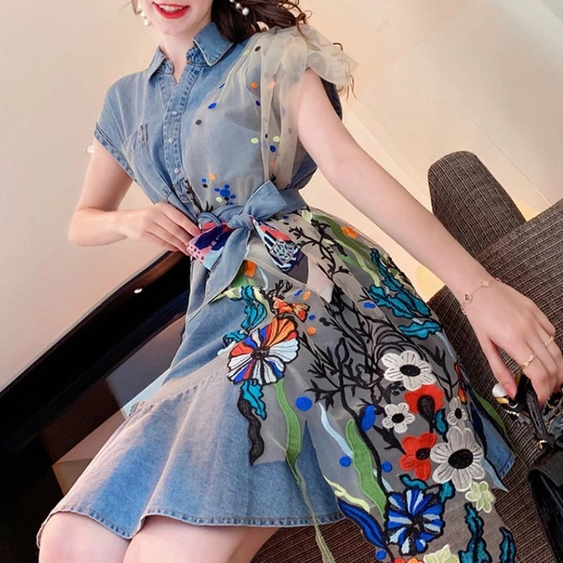 Kira Embroidered Denim Dress with Belt