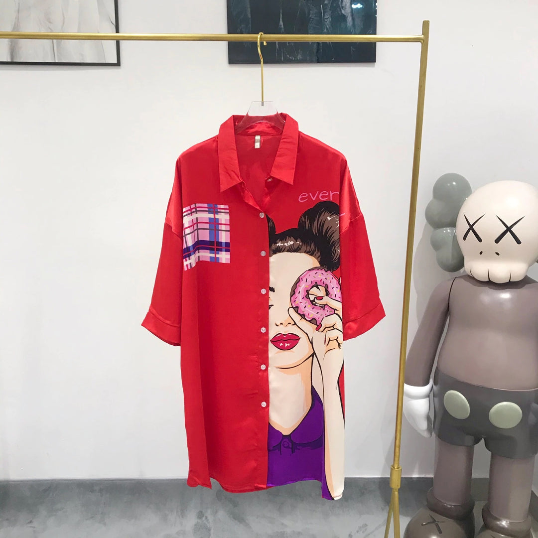 Margaret Donut Print Summer Shirt Dress