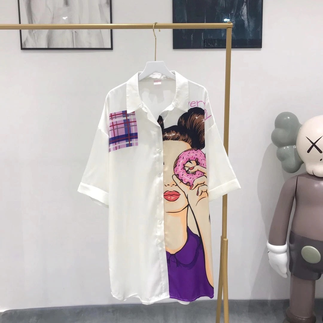 Margaret Donut Print Summer Shirt Dress