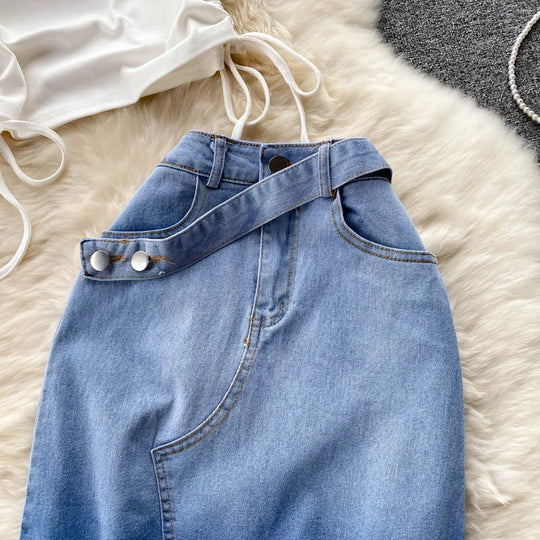 Jessica Lace up top with Denim Split Skirt