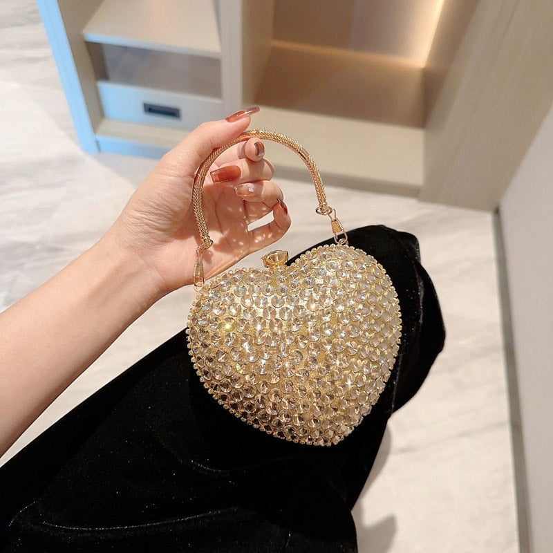 Studded Heart Shaped Clutch with Shoulder Chain