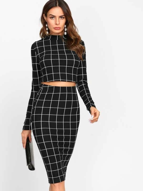 Crop Grid Pattern top and Skirt Co-ord Set