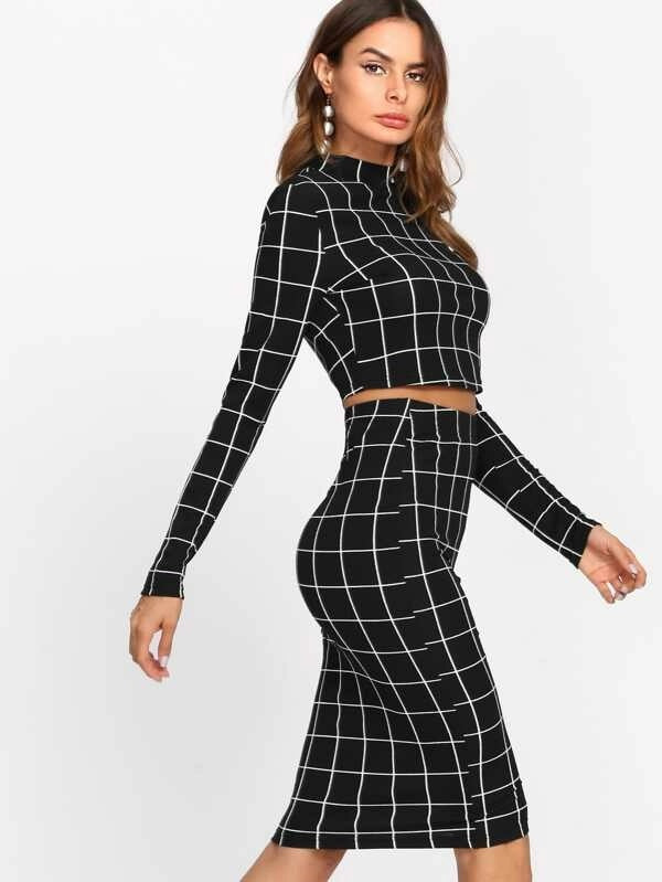 Crop Grid Pattern top and Skirt Co-ord Set
