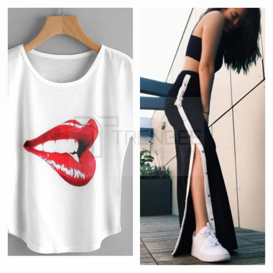 Set of Side button tapped pants and Cotton Printed Tees
