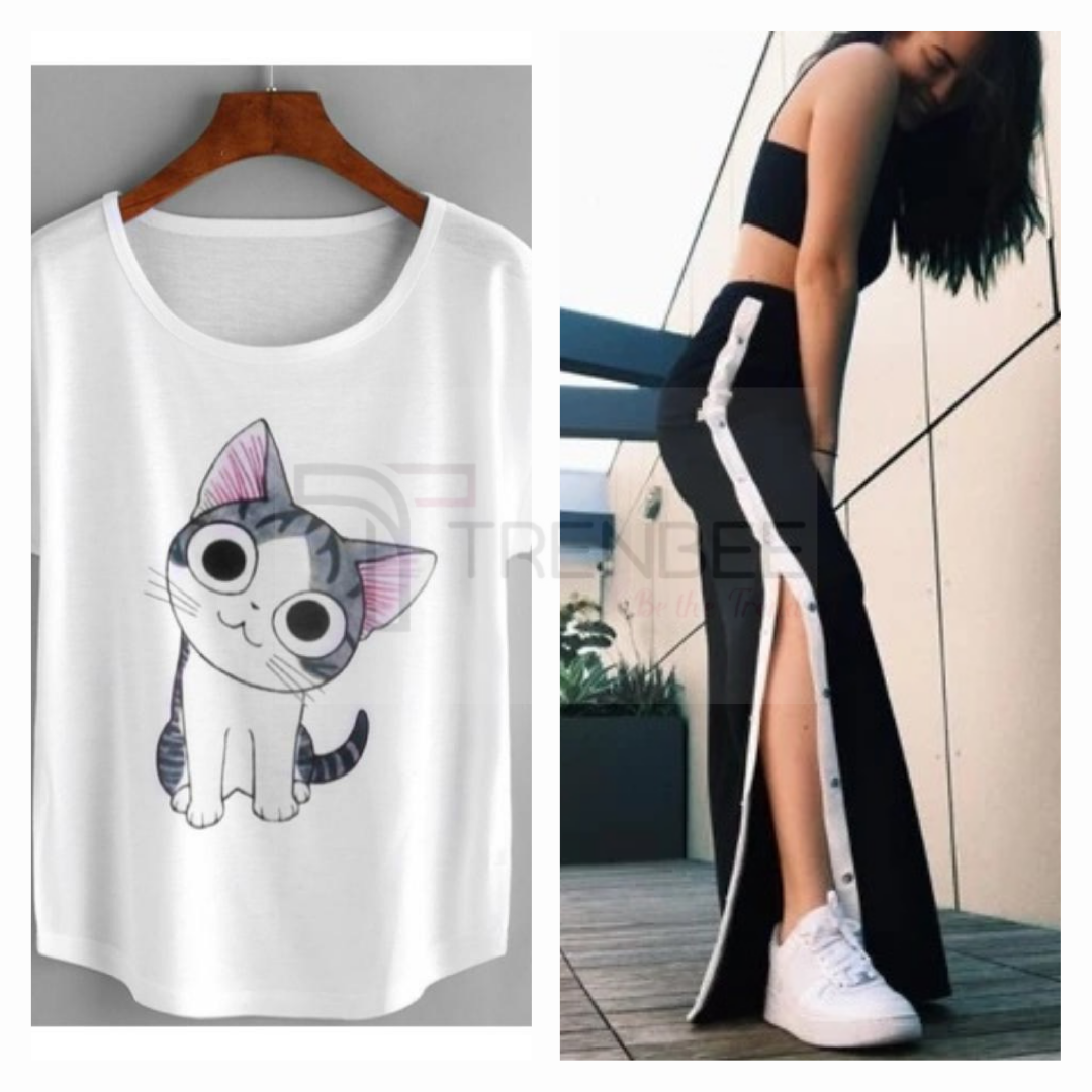 Set of Side button tapped pants and Cotton Printed Tees