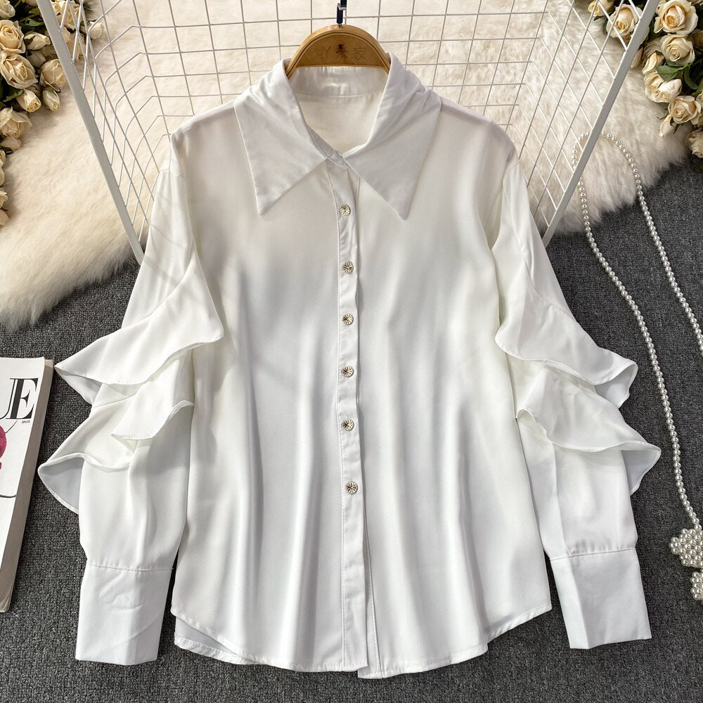 Kenza Solid Lapel collar ruffled Satin Shirt