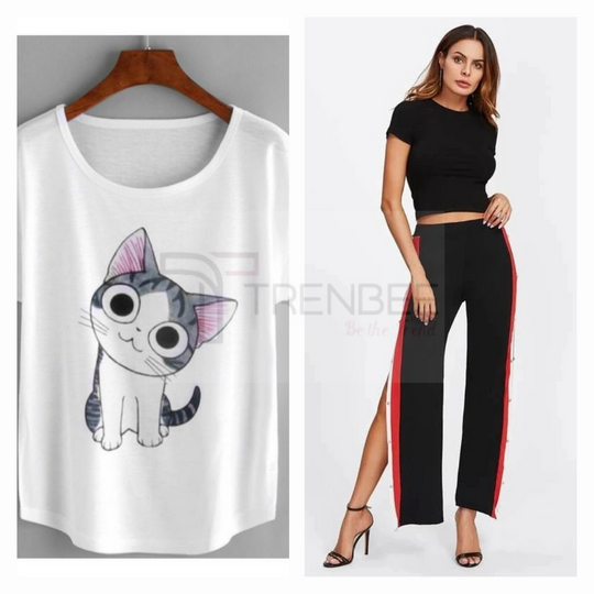 Set of Side button tapped pants and Cotton Printed Tees