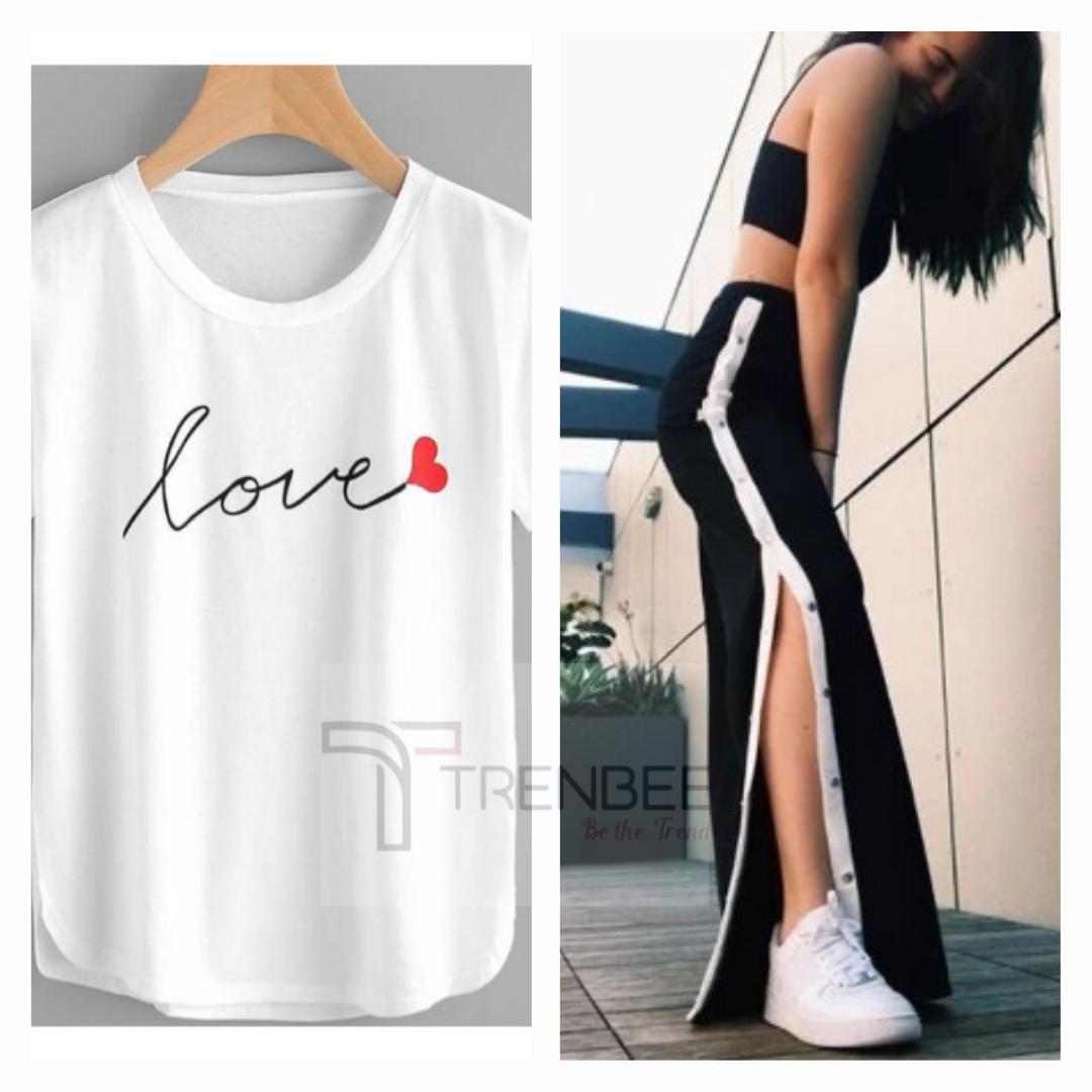 Set of Side button tapped pants and Cotton Printed Tees