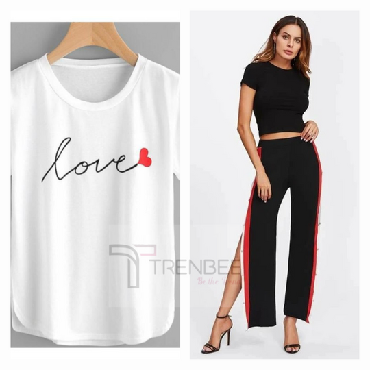 Set of Side button tapped pants and Cotton Printed Tees