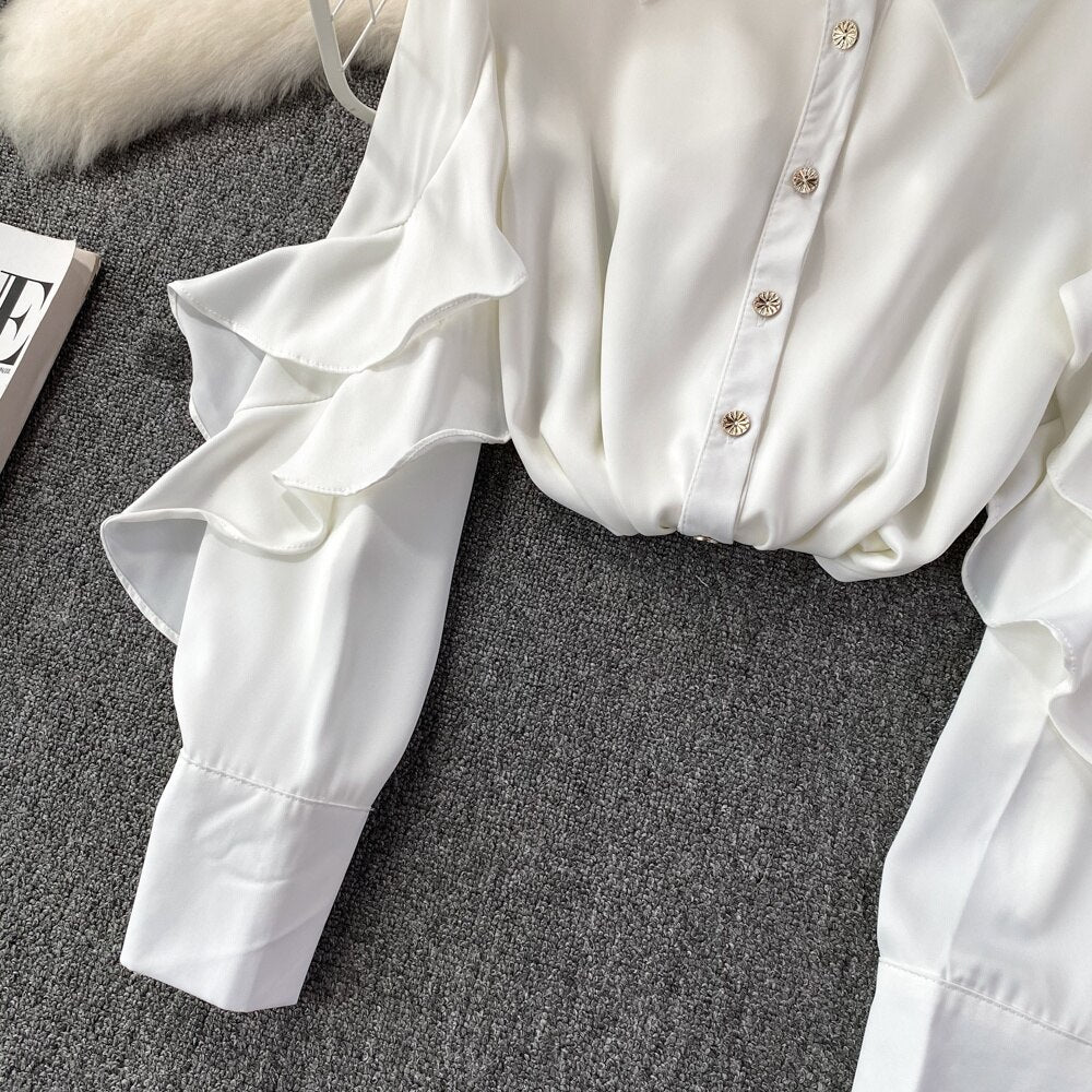 Kenza Solid Lapel collar ruffled Satin Shirt