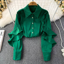 Kenza Solid Lapel collar ruffled Satin Shirt