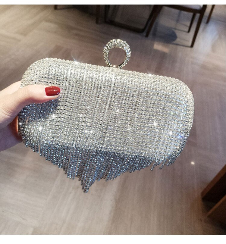 Box Shaped Tassels Clutch with Shoulder Chain