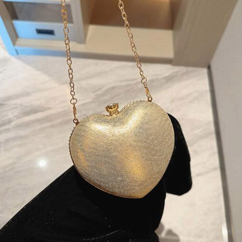 Studded Heart Shaped Clutch with Shoulder Chain