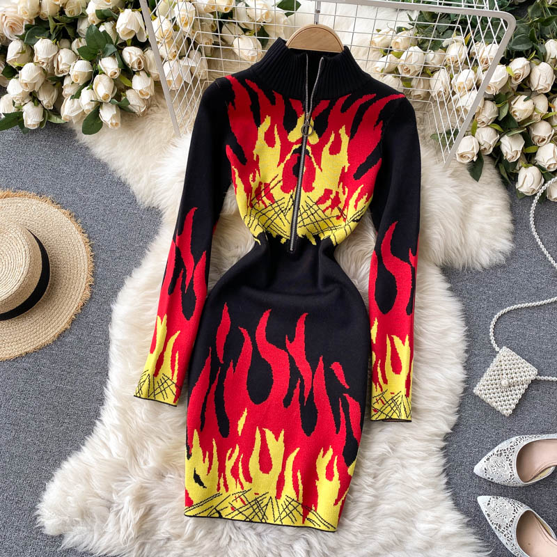Lumi Flame Print Sweater Dress