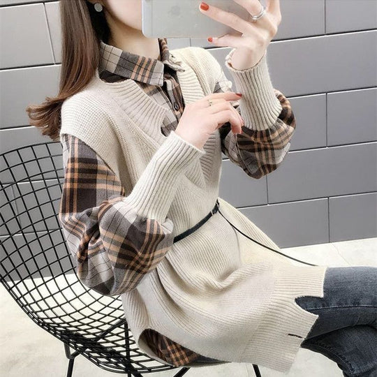 Frostline Long sleeves plaid shirt with Knit Vest