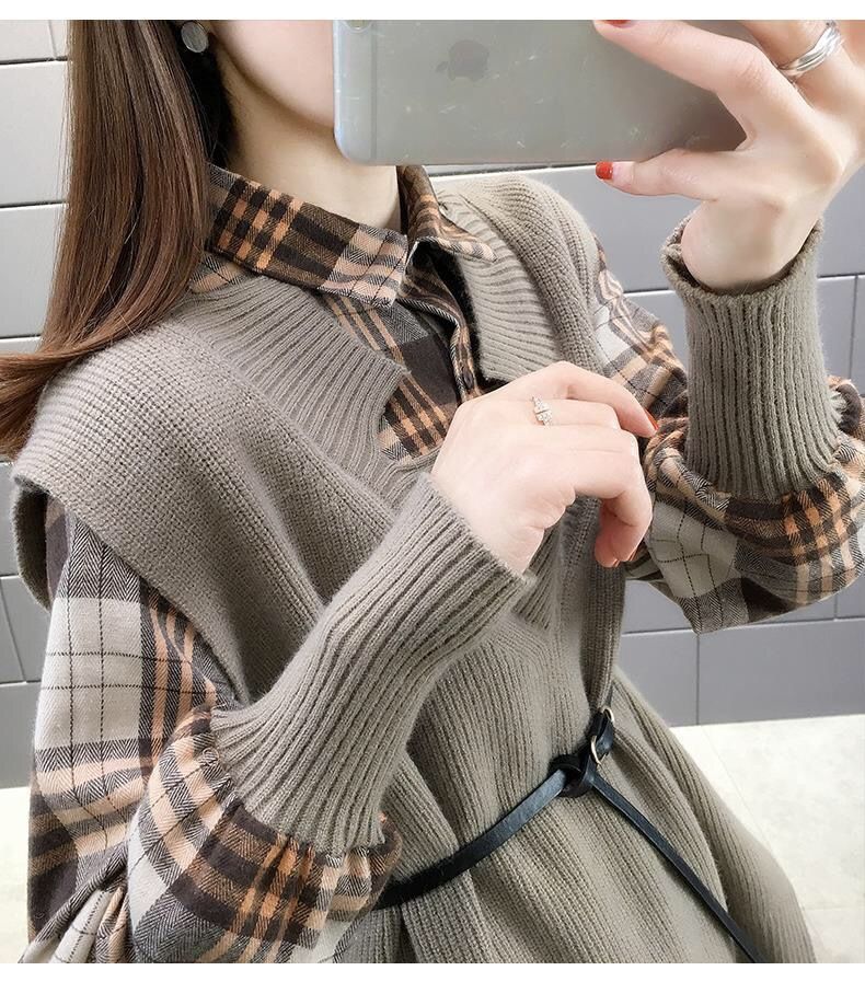 Frostline Long sleeves plaid shirt with Knit Vest