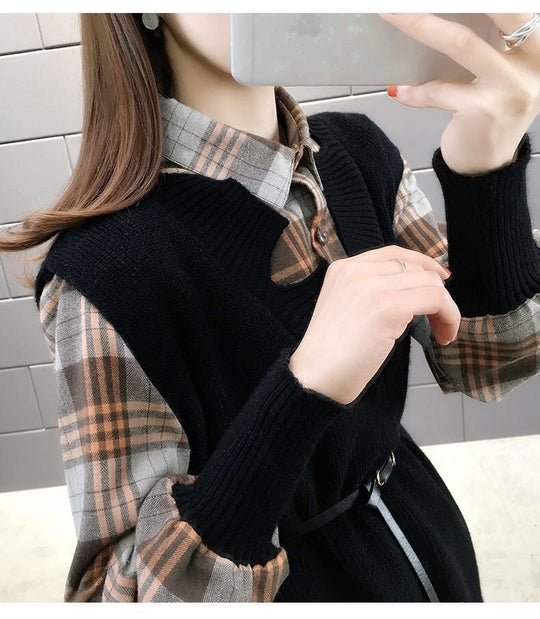 Frostline Long sleeves plaid shirt with Knit Vest