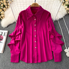 Kenza Solid Lapel collar ruffled Satin Shirt