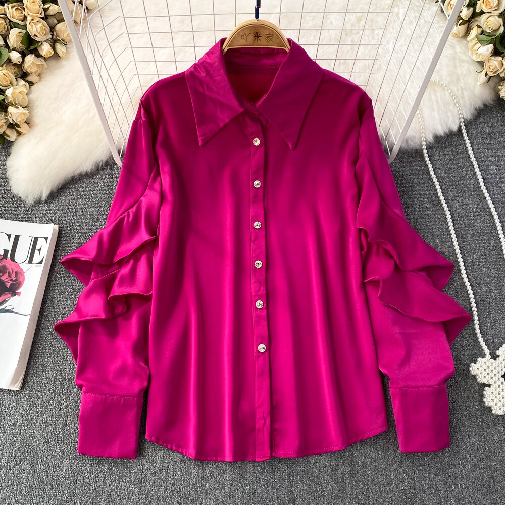 Kenza Solid Lapel collar ruffled Satin Shirt