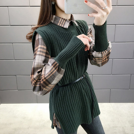 Frostline Long sleeves plaid shirt with Knit Vest