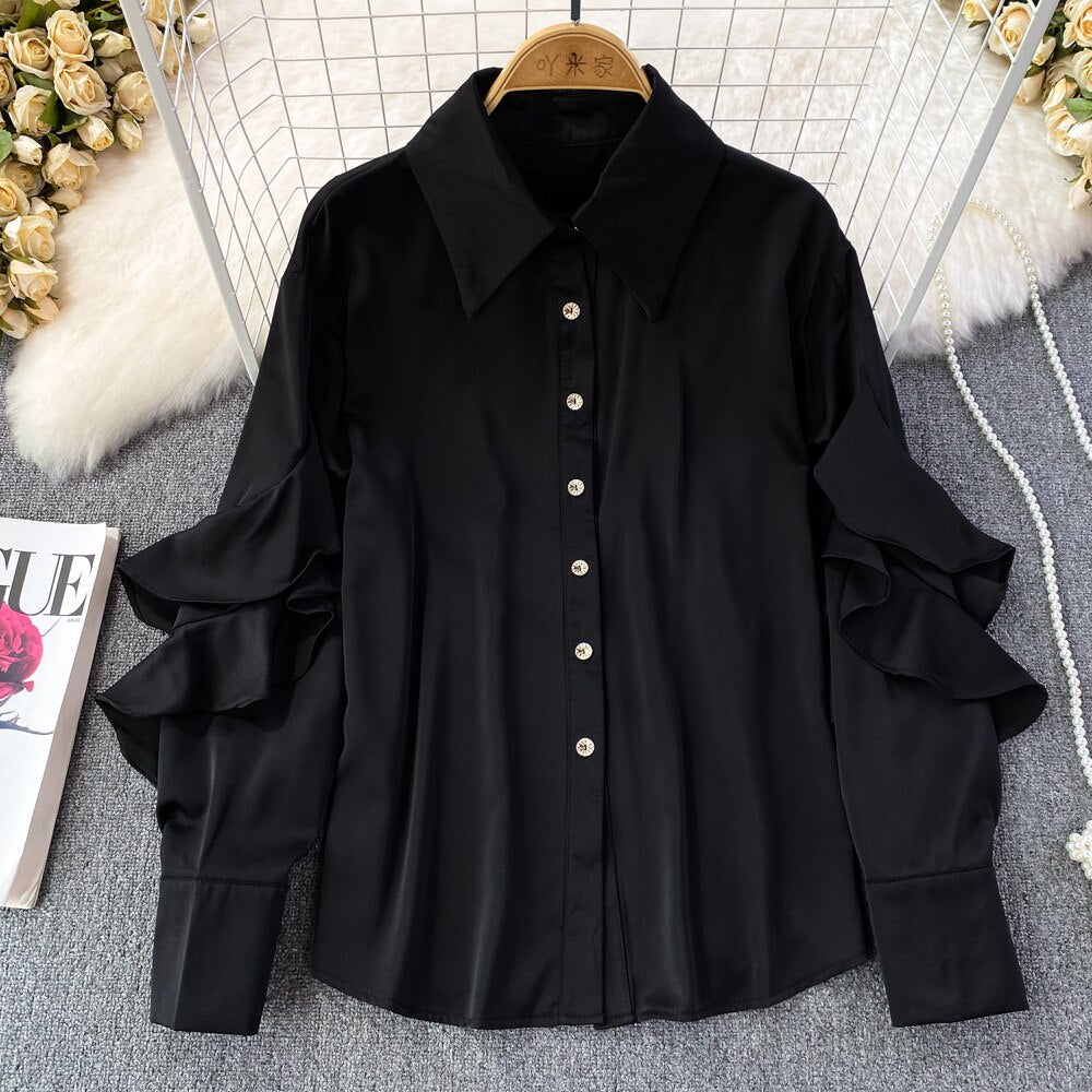 Kenza Solid Lapel collar ruffled Satin Shirt