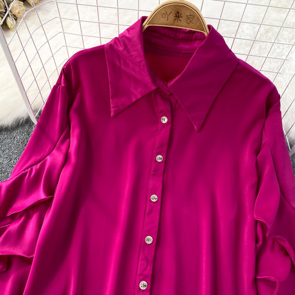 Kenza Solid Lapel collar ruffled Satin Shirt