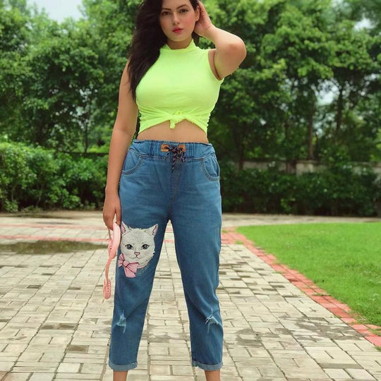 Tea Green neon mock neck top with Cat addiction Denim Jogger