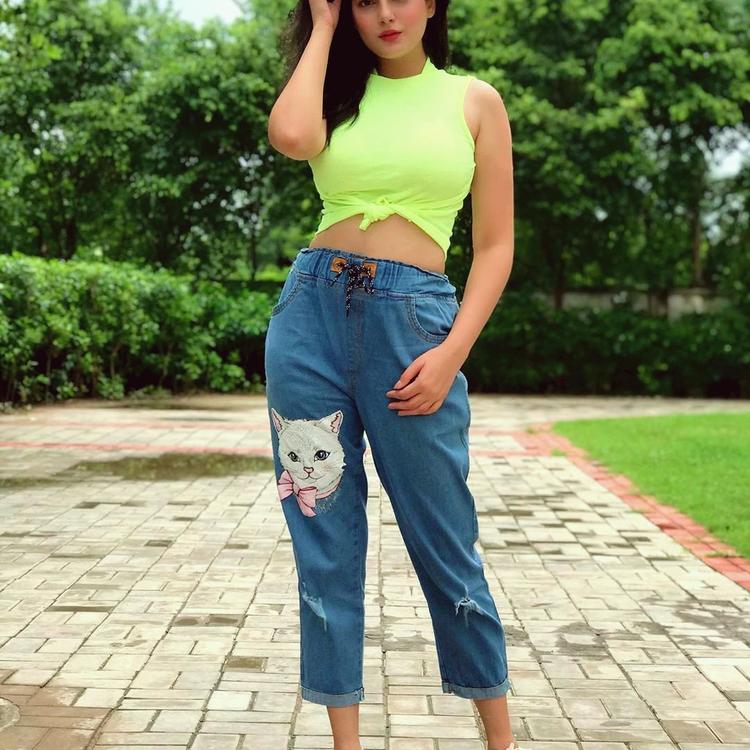 Tea Green neon mock neck top with Cat addiction Denim Jogger