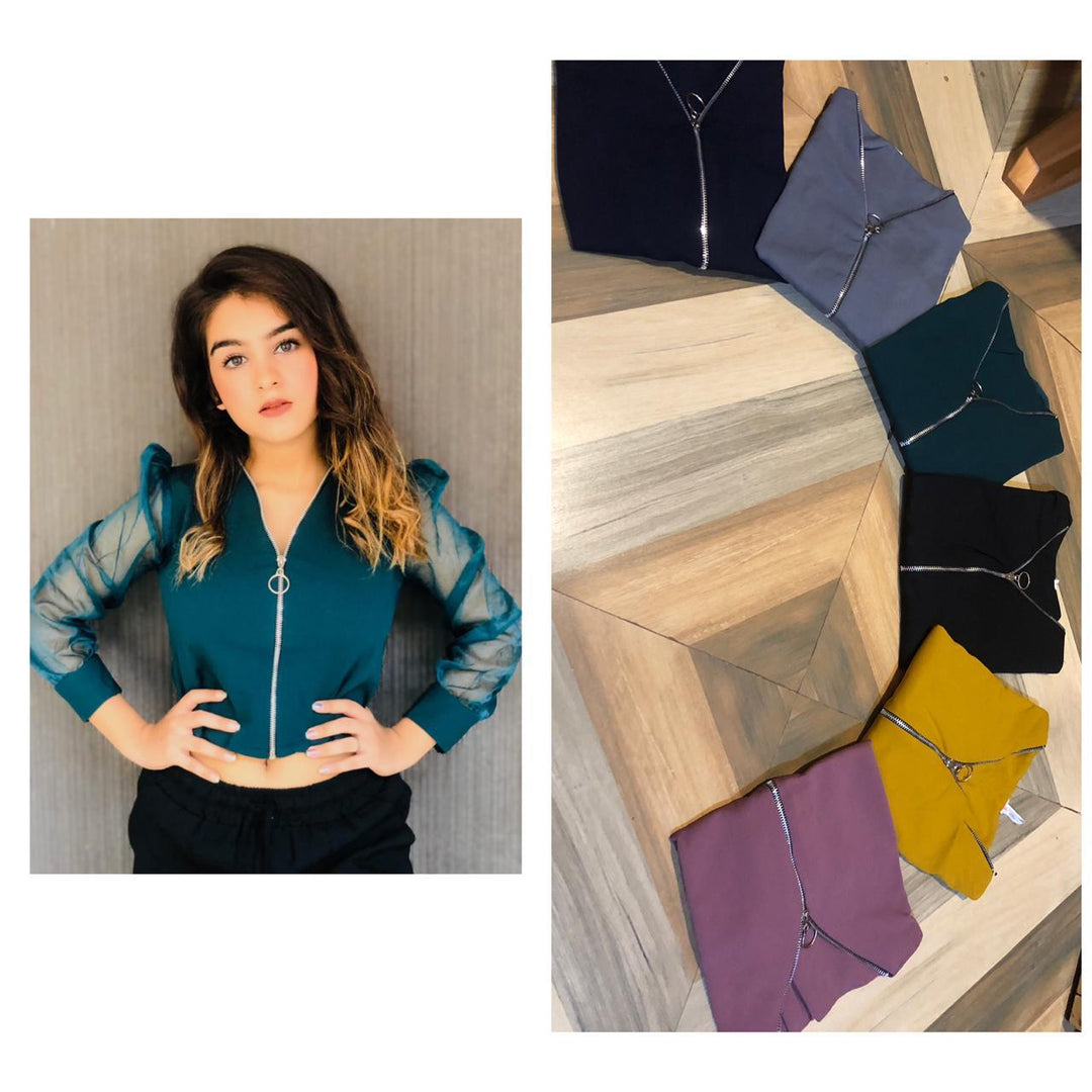 Sierra Zipper top with vintage mesh sleeves