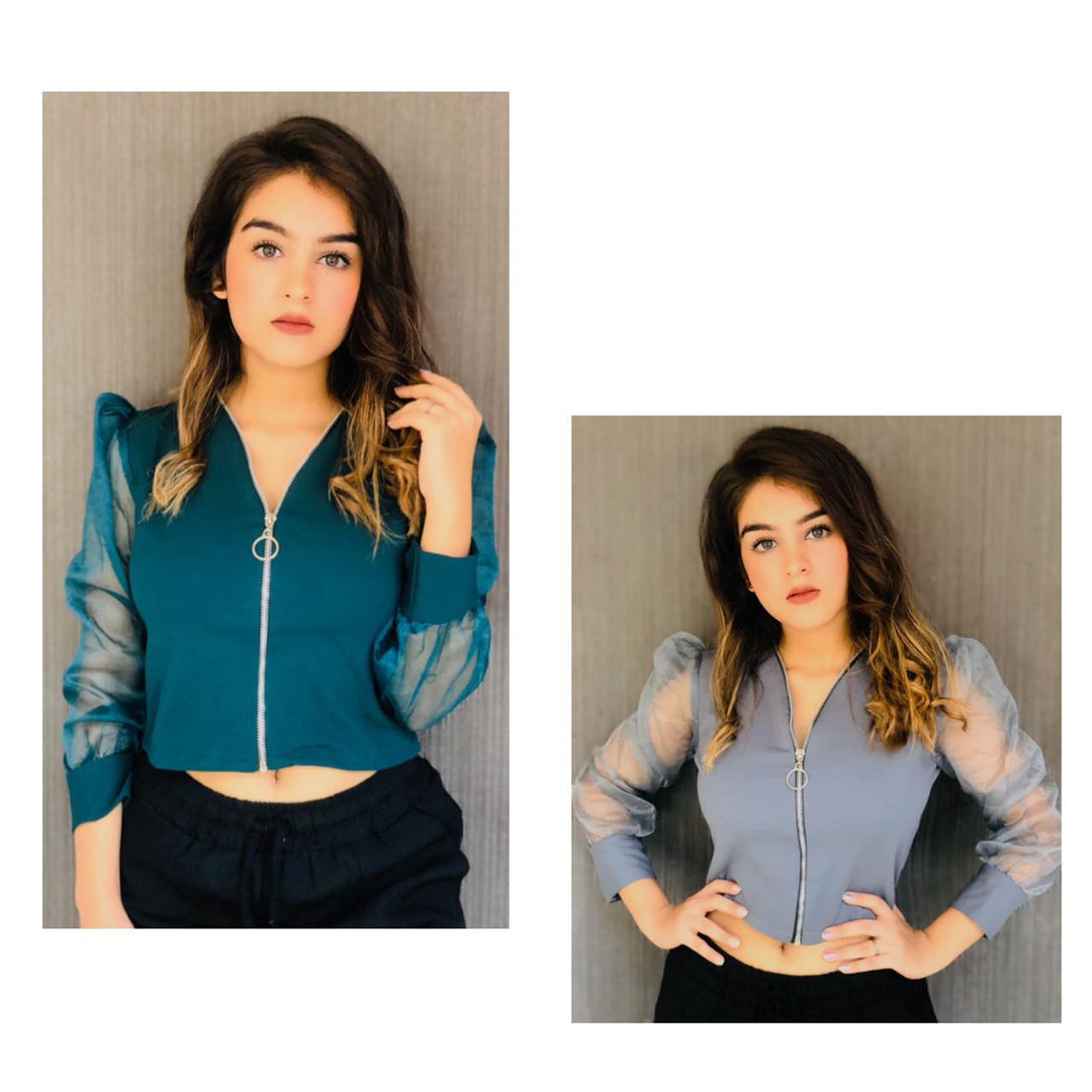 Sierra Zipper top with vintage mesh sleeves