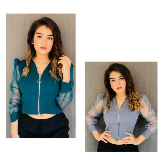 Sierra Zipper top with vintage mesh sleeves