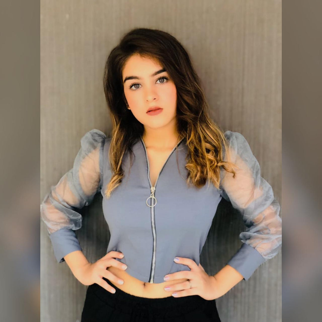 Sierra Zipper top with vintage mesh sleeves