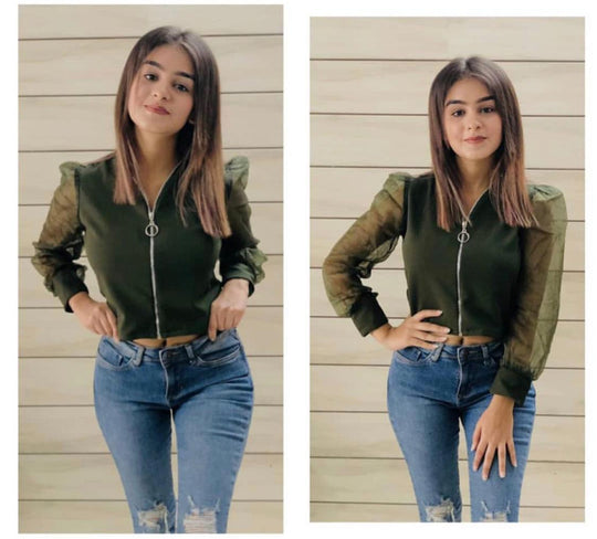 Sierra Zipper top with vintage mesh sleeves