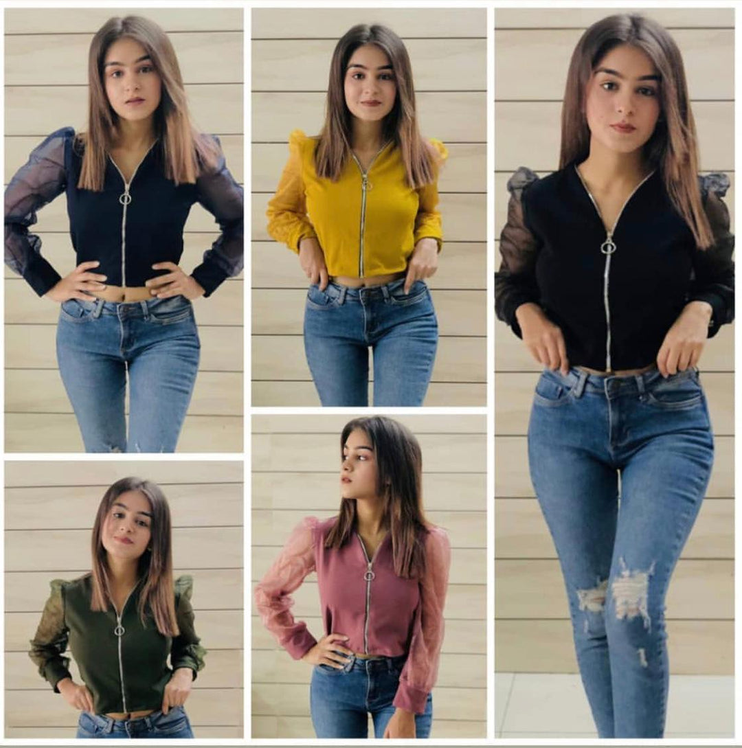 Sierra Zipper top with vintage mesh sleeves