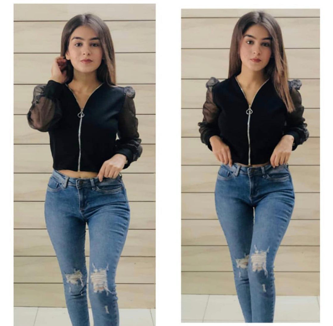 Sierra Zipper top with vintage mesh sleeves