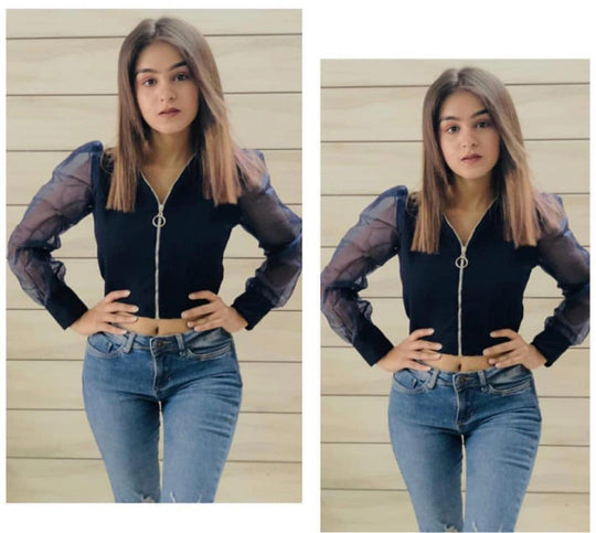 Sierra Zipper top with vintage mesh sleeves