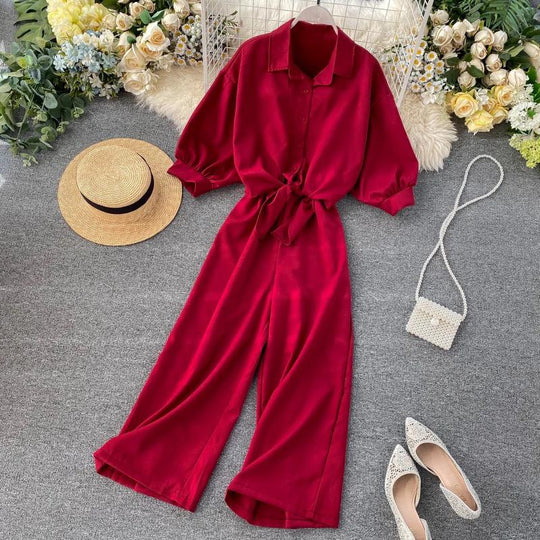 Seaside wide legged Pleated Jumpsuit with lace up blouse
